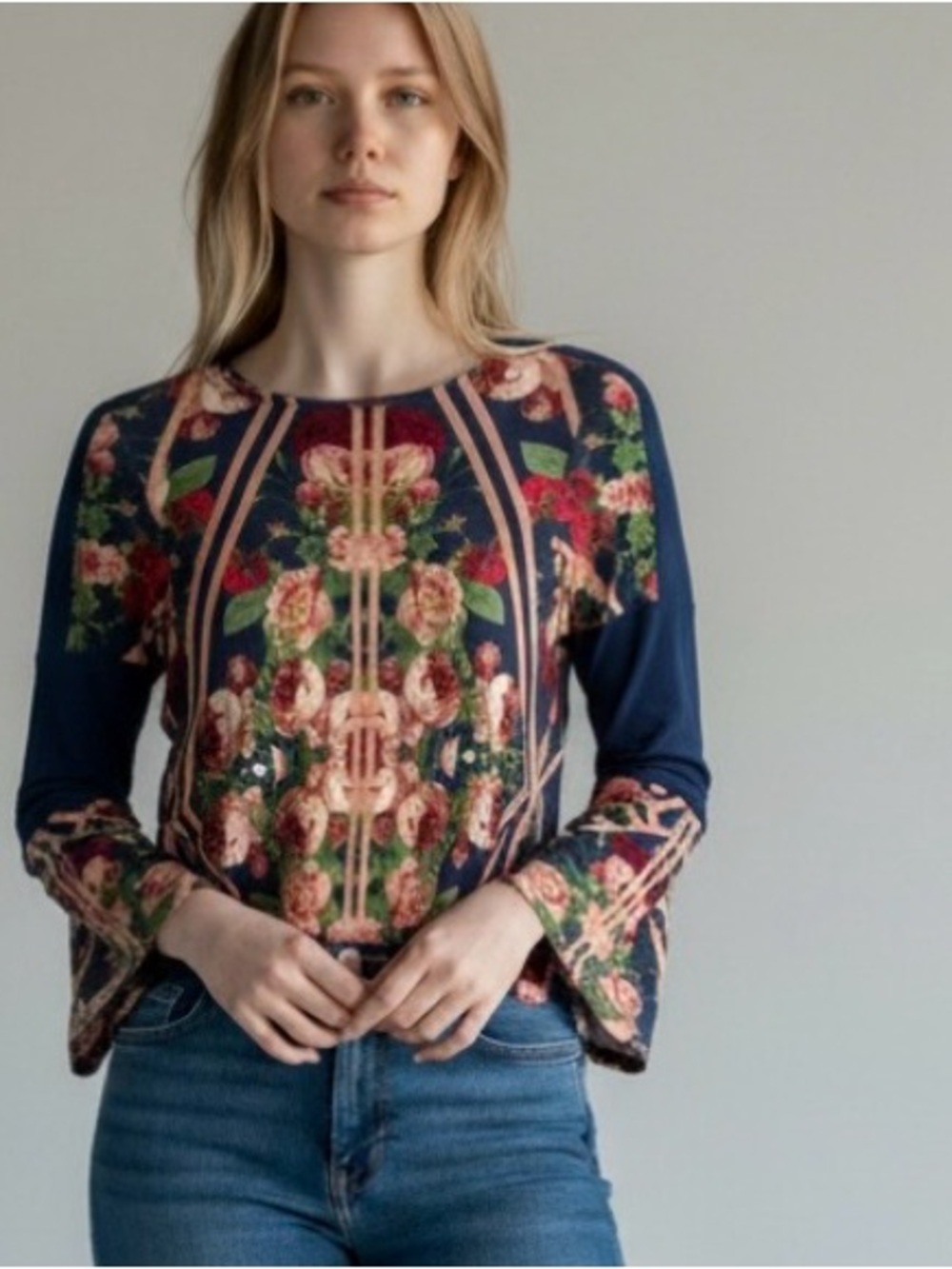 ASOS Navy Floral Long-Sleeve Tunic with Peach Stripes